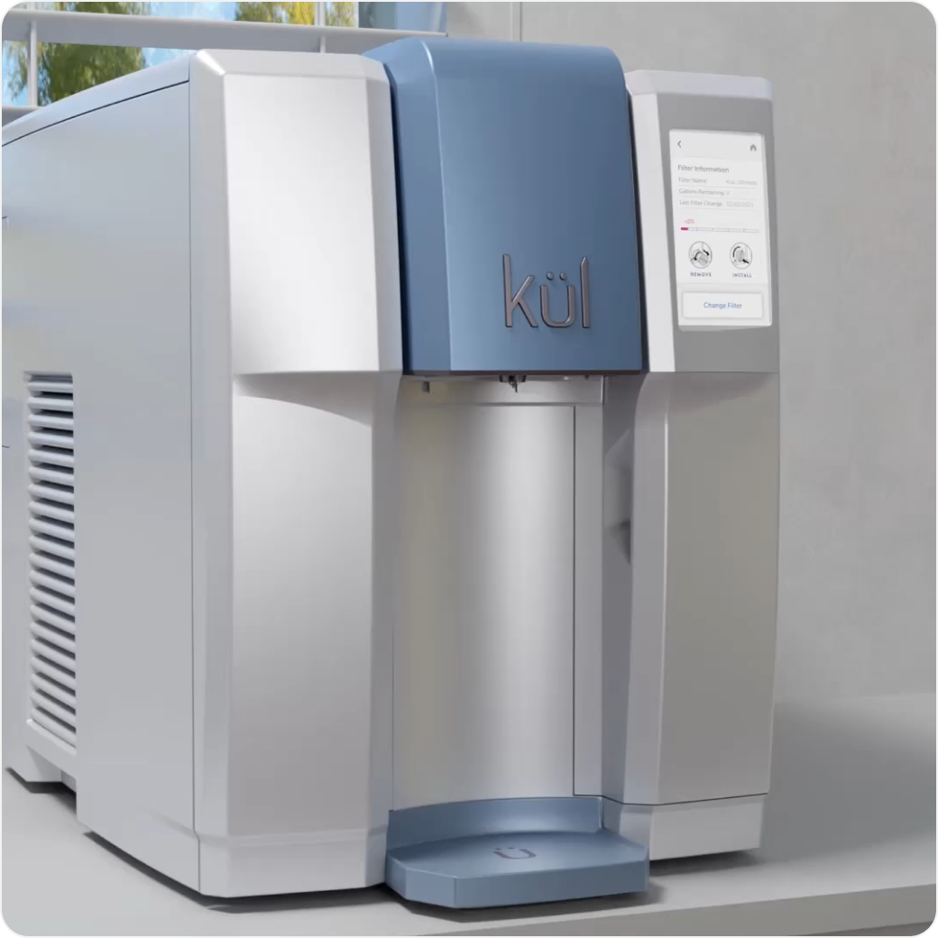 Image of a Kul silver water dispensing machine with blue accents